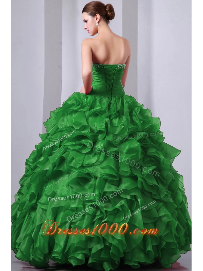Green Princess Sweetheart Organza Quinceanea Dress with Beading and Ruffles