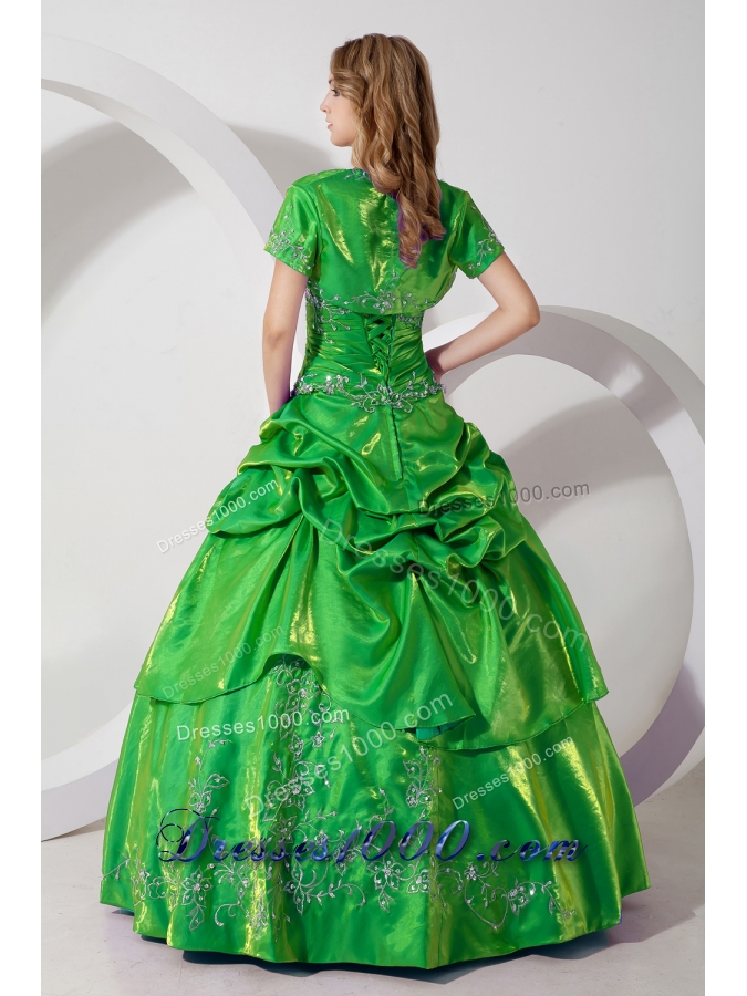 Green Taffeta Princess Strapless Quinceanera Dresses with Embroidery