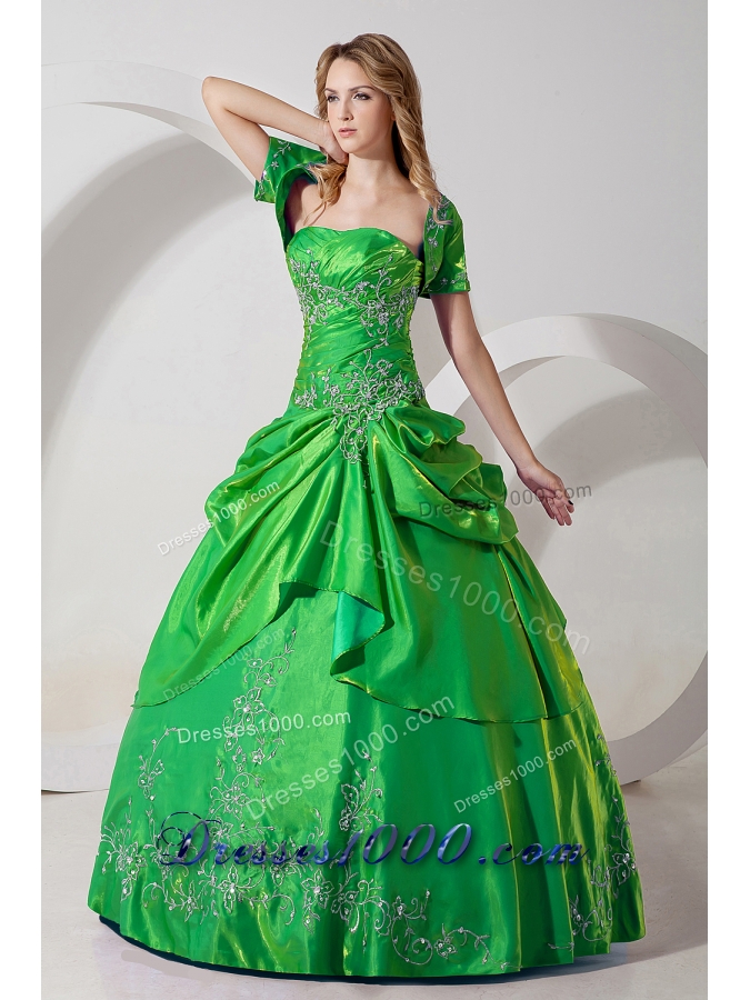 Green Taffeta Princess Strapless Quinceanera Dresses with Embroidery