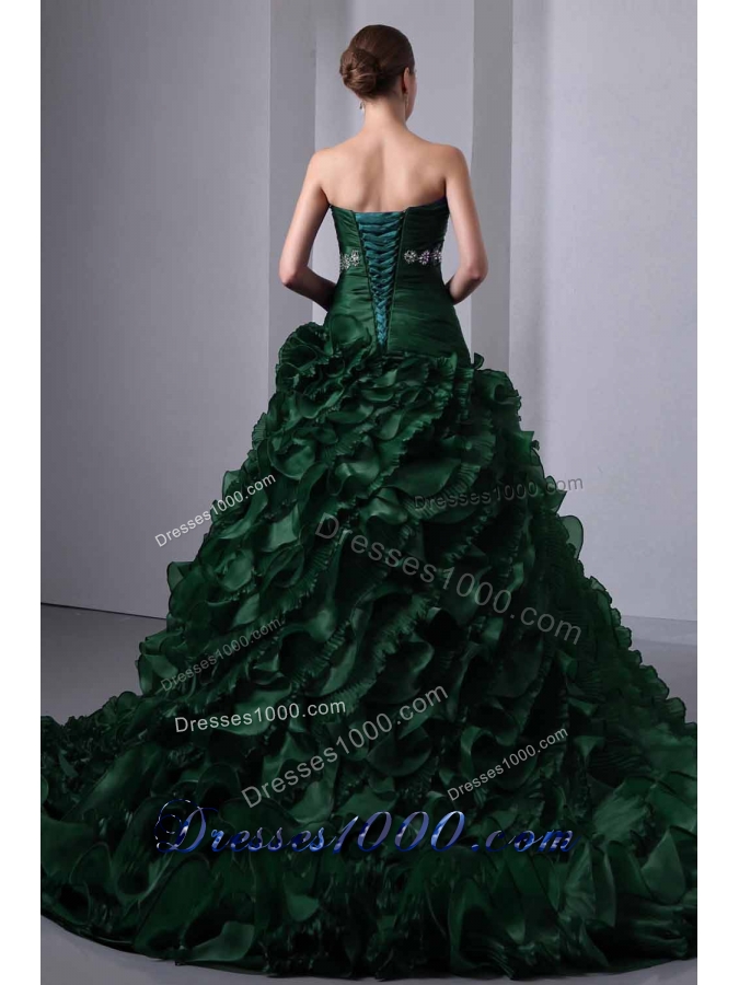 Princess Strapless Brush Train Quinceanea Dress with Beading and Ruffles
