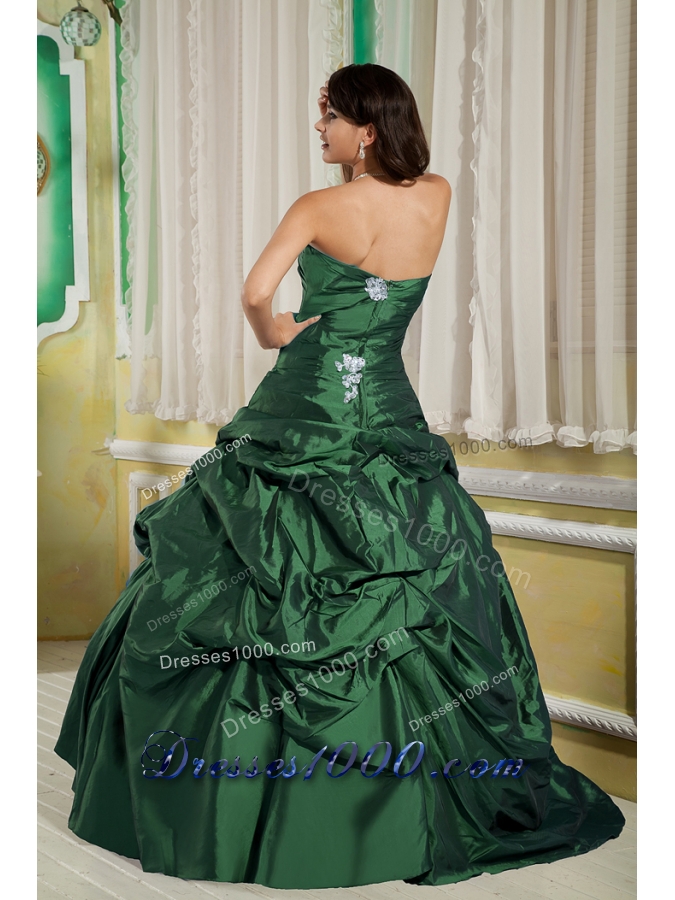 Princess Strapless Green Quinceanera Dress with Taffeta Appliques