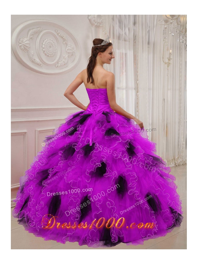Purple and Black Sweetheart Orangza Beading and Ruffles Quinceanera Gown