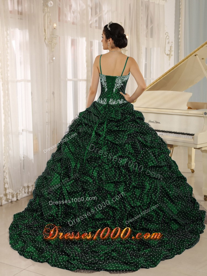 Special Fabric Pick-ups Spagetti Straps Green Quinceanera Dresses with Appliques