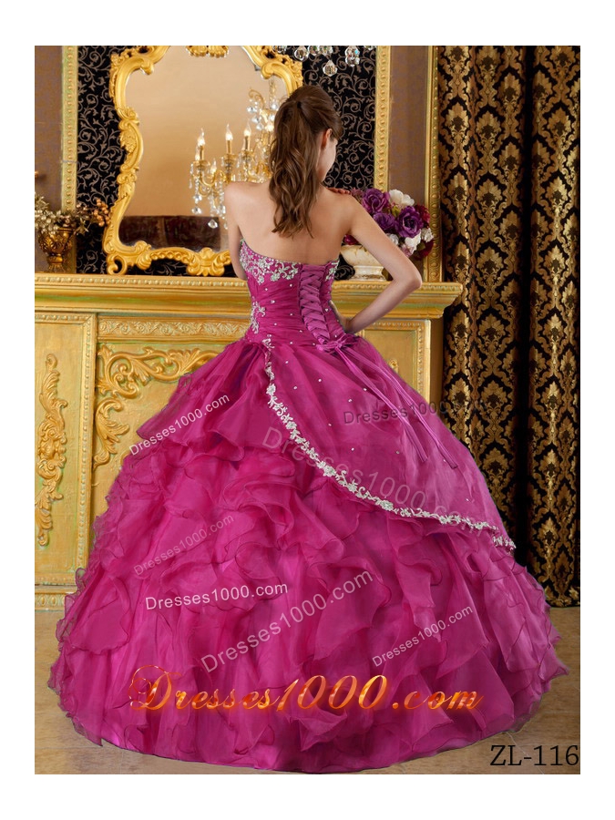 Strapless Fuchsia Organza Appliques and Ruffles Sweet 16 Dresses