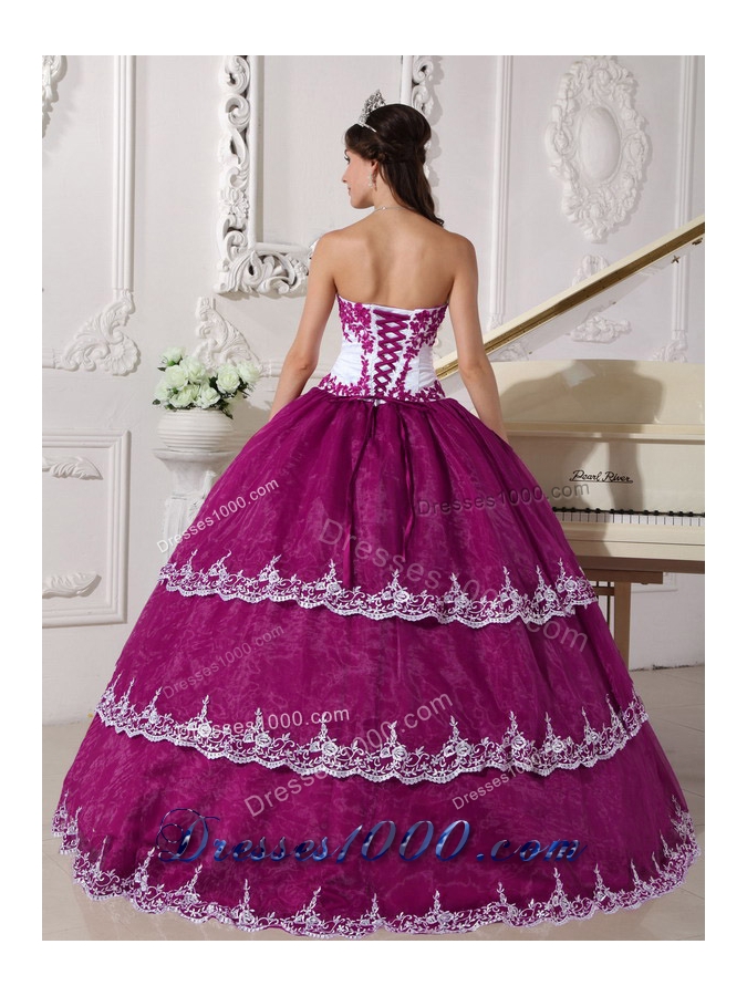 Strapless Organza Lace Appliques Quinceanera Gown in Fuchsia and White