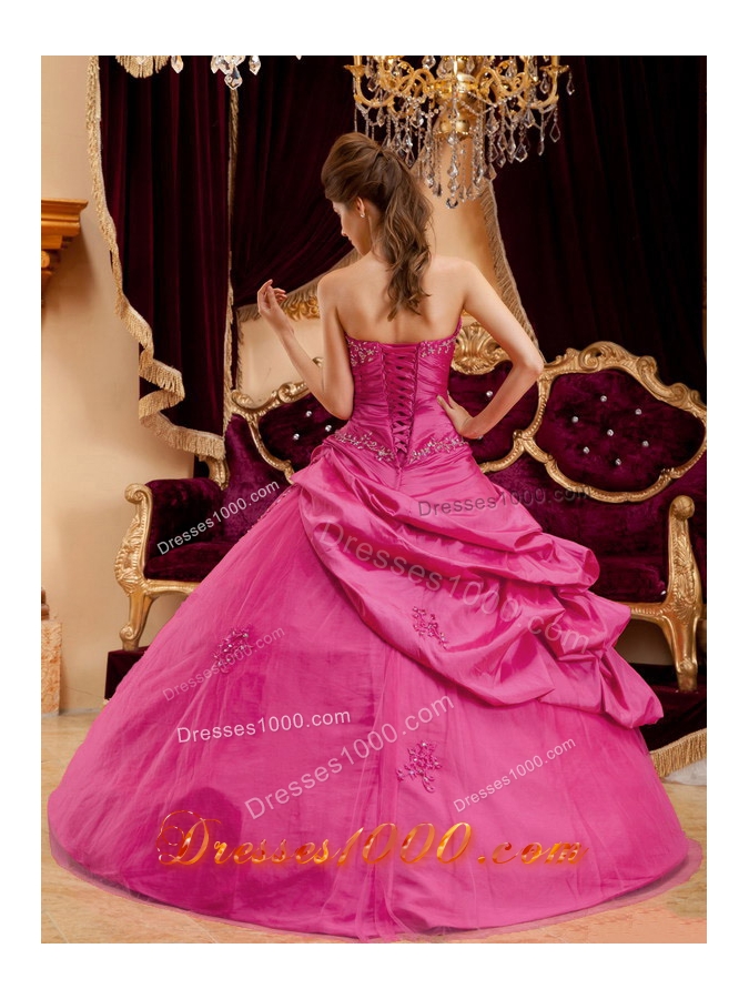 Strapless Taffeta Appliques with Beading Quinceanera Gownin Fuchsia
