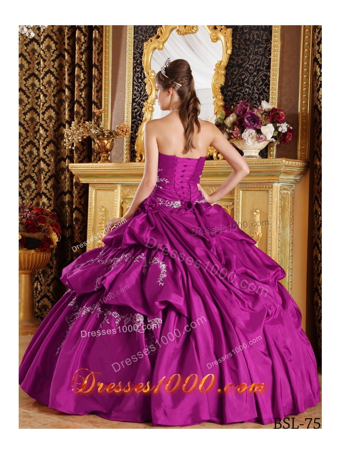 Strapless Taffeta Fuchsia Quinceanera Dress with White Appliques