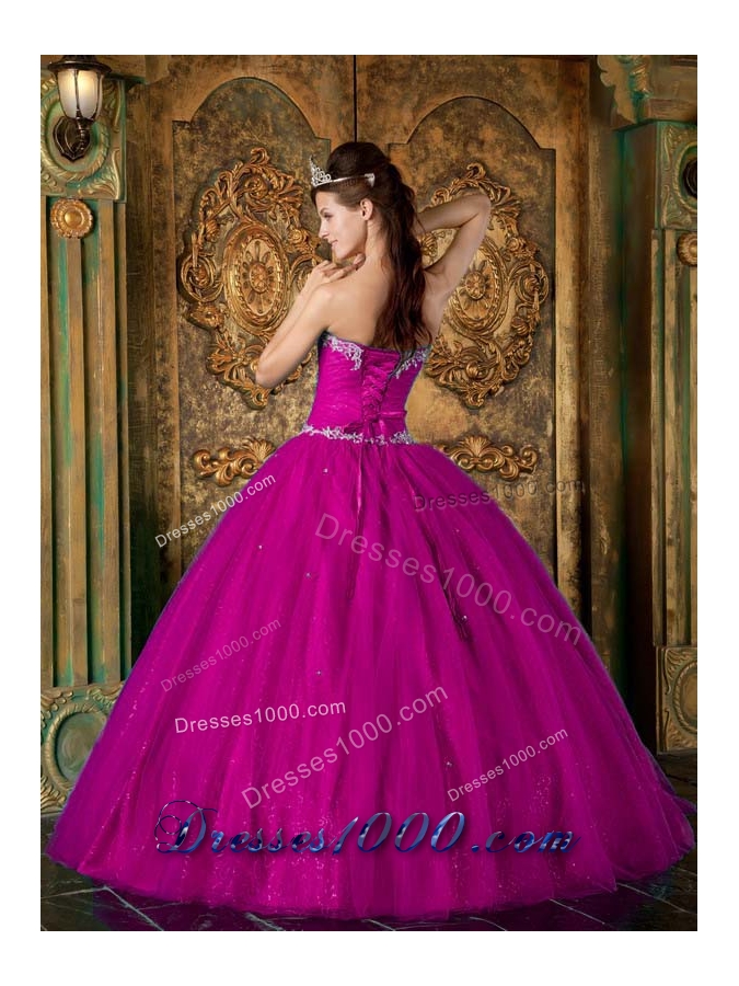 Sweetheart Fuchsia Beading and Appliques Tulle Sweet 15 Dresses