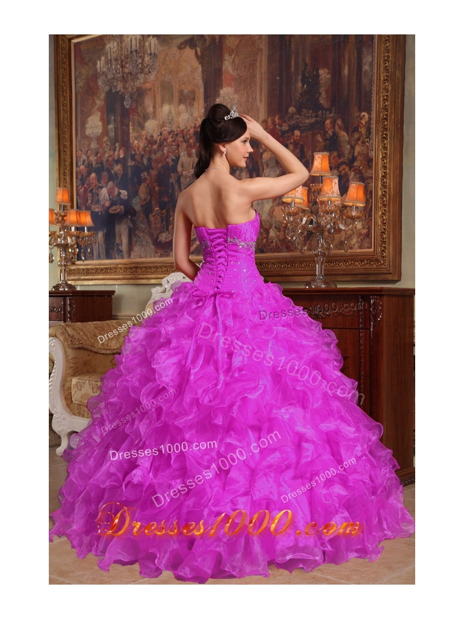 Sweetheart Fuchsia Organza Appliques and Ruffles Dresses For a Quince