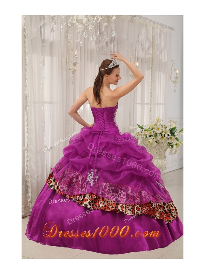 Sweetheart Organza and Leopard Fuchsia Quinceanera Dress with Appliques