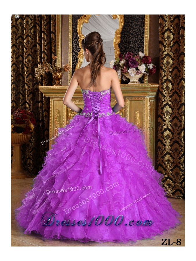 Sweetheart Organza Quinceanera Dress with White Appliques and Ruffles