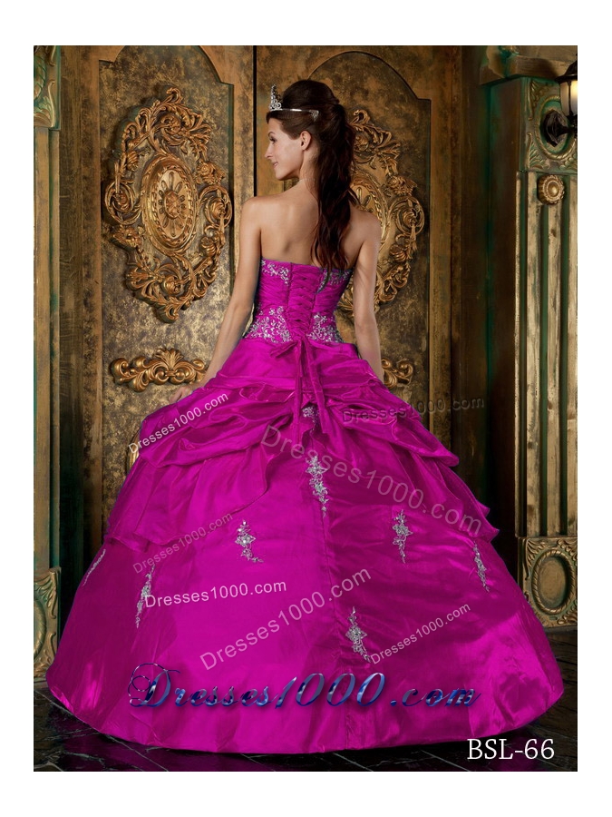 Sweetheart Taffeta Appliques and Pick-ups Quinceanera Gown in Fuchsia