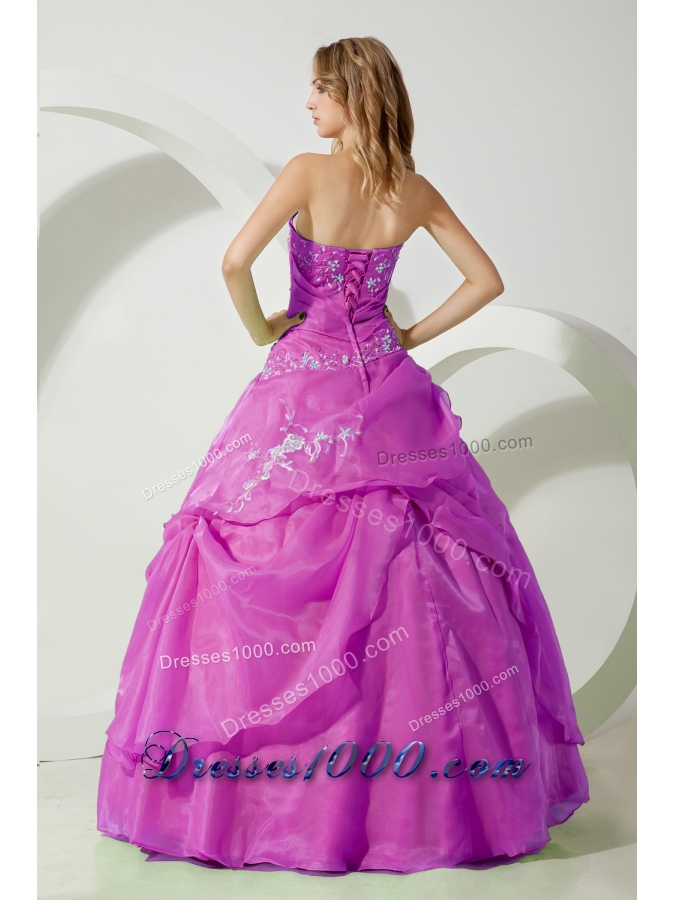 A-line Strapless Organza Appliques Decorate Quinceanera Dress in Fuchsia
