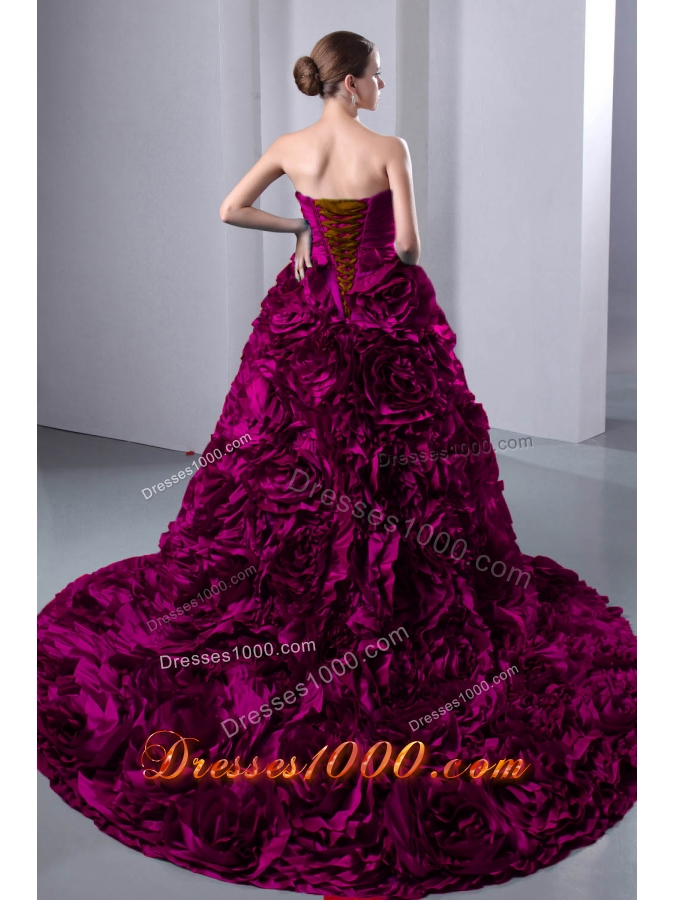 Fuchsia A-Line / Princess Sweetheart Court Train Ruffles Quinceanea Dress