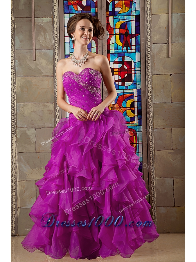 Fuchsia A-line Sweetheart Beaded Decorate Bodice Quinceanea Dress