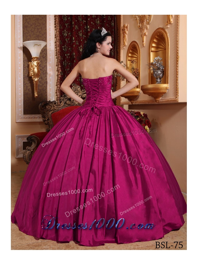 Fuchsia Strapless Taffeta Beaded Decorate Bust Quinceanera Dress for 2014