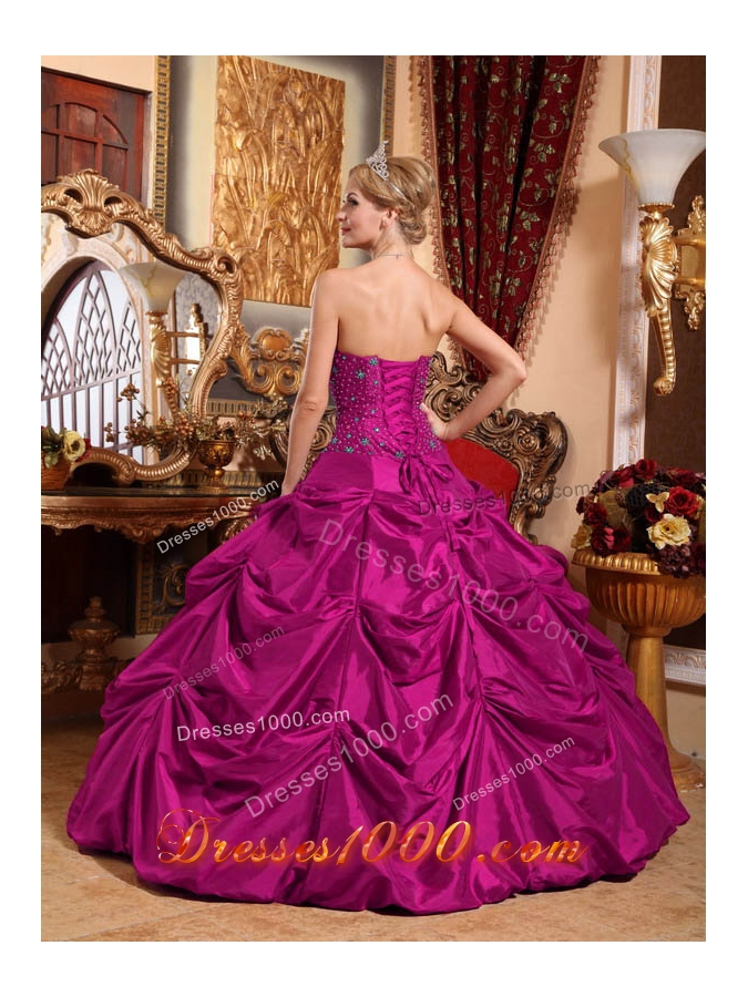 Fuchsia Strapless Taffeta Quinceanera Gown with Beading and Pick-ups