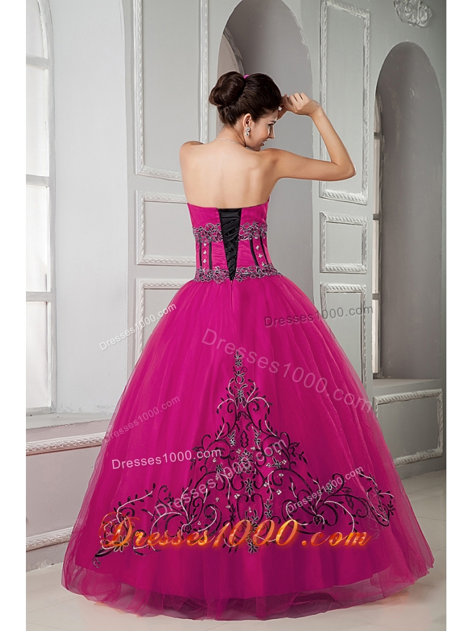 Fuchsia Sweetheart Tulle Quinceanera Dresss with Embroidery All Over Skirt