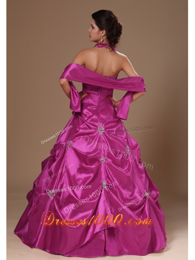 Pick-ups and Beading Halter Top A-line Fuchsia Quinceanera Dresses For Cheap