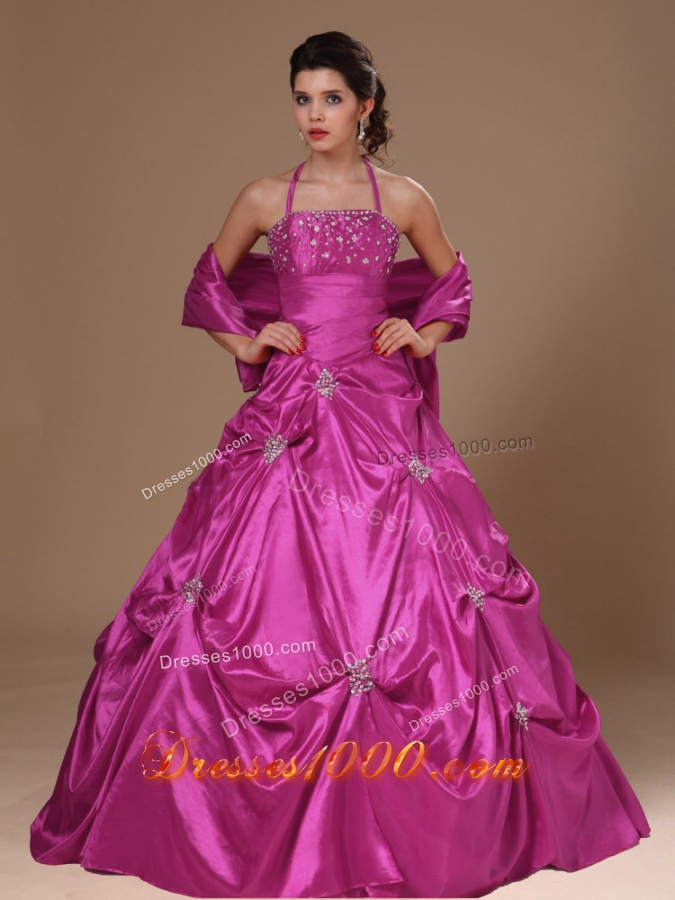 Pick-ups and Beading Halter Top A-line Fuchsia Quinceanera Dresses For Cheap