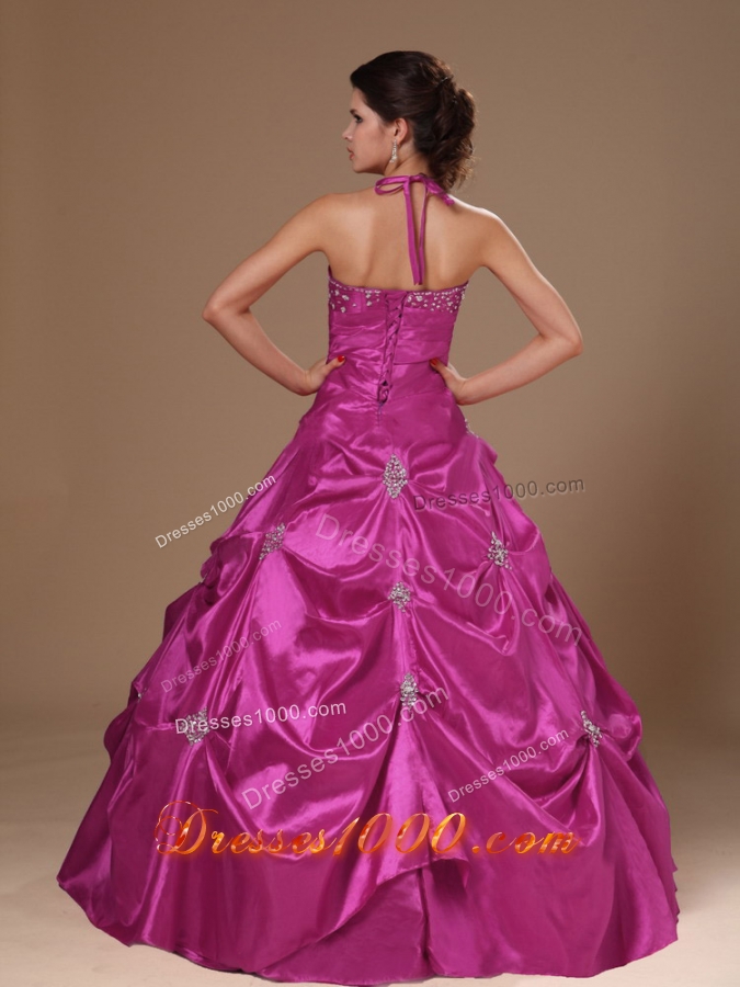 Pick-ups and Beading Halter Top A-line Fuchsia Quinceanera Dresses For Cheap