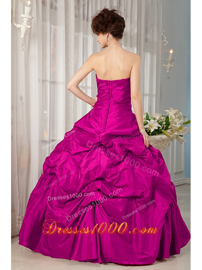 Strapless Fuchsia Taffeta Appliques and Pick-ups Quinceanera Dress
