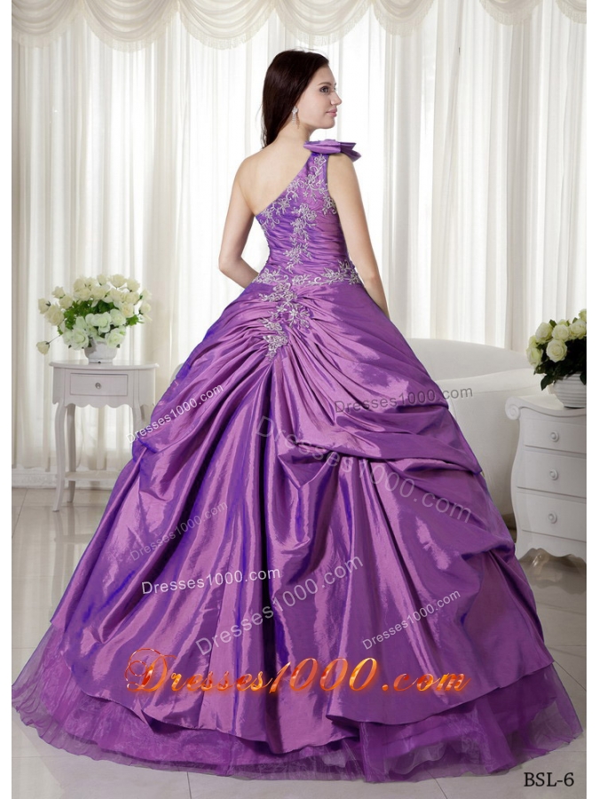 Ball Gown One Shoulder Appliques Quinceanera Dress with Pick-up and Appliques