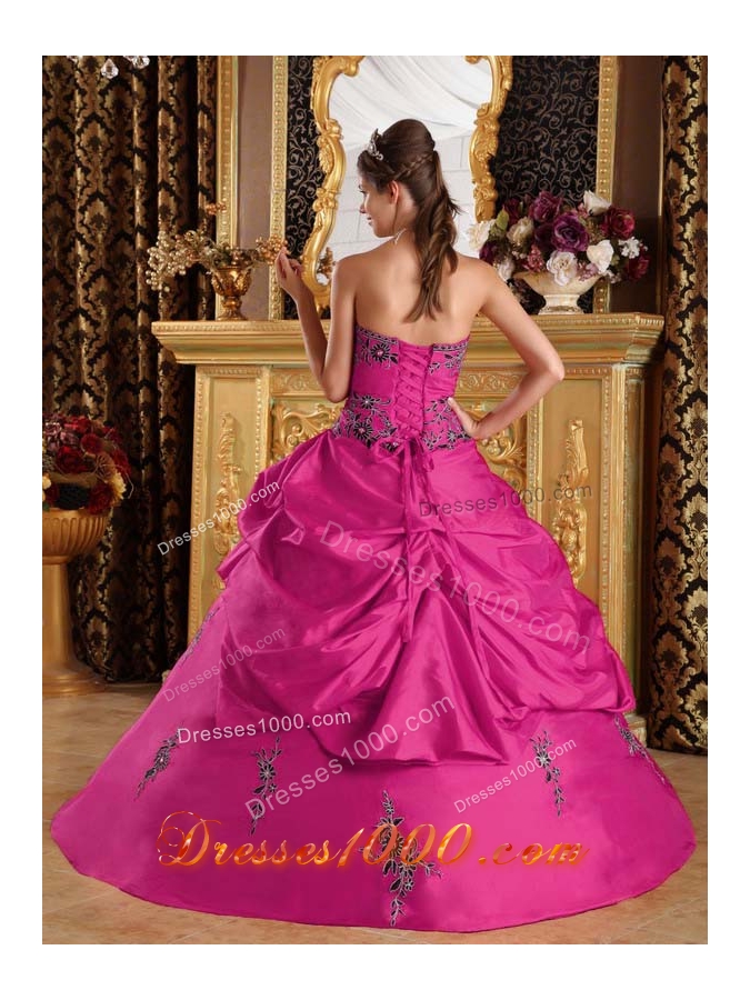 Discount Strapless Taffeta Fuchsia Quinceanera Dress with Appliques