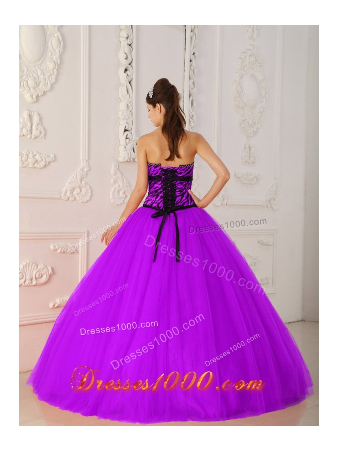 Fuchsia A-line / Princess Strapless Tulle and Zebra Beading Quinceanera Dress