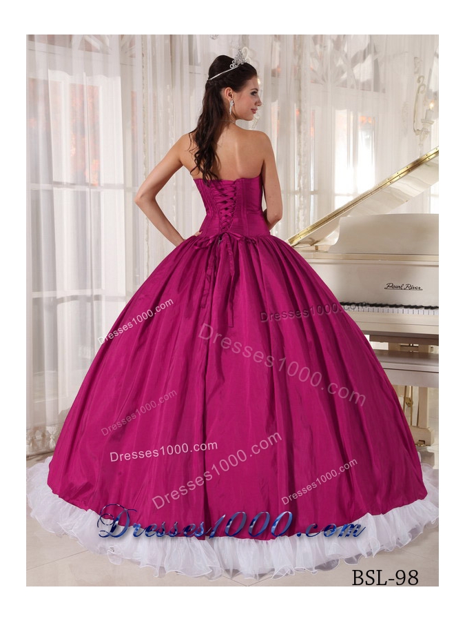 Fuchsia and White Ball Gown Sweetheart Floor-length Organza and Taffeta Beading Quinceanera Dress