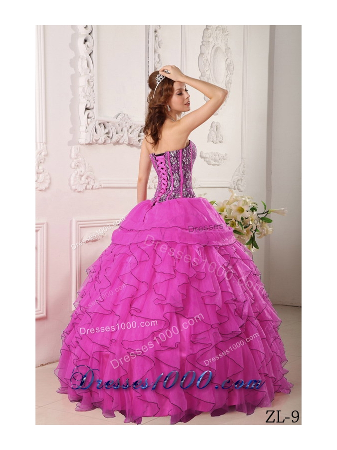 Fuchsia Ball Gown Sweetheart Floor-length Organza Beading Quinceanera Dress