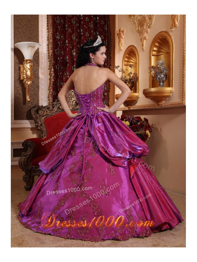 Fuchsia Halter Top Neck Taffeta Appliques Decorate Sweet Sixteen Dresses