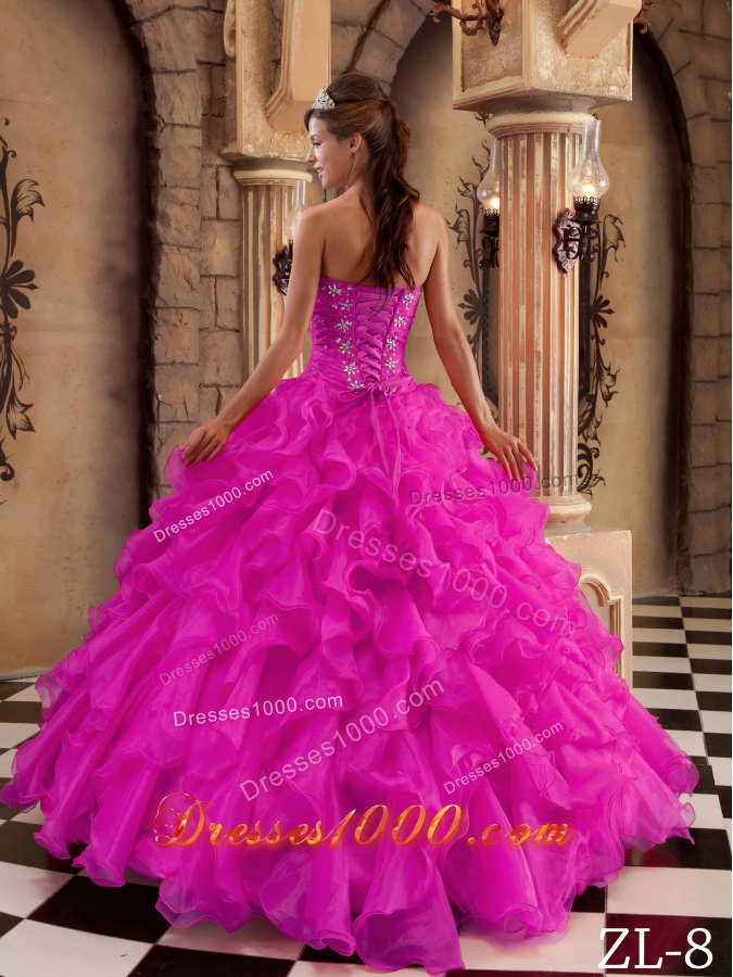 Fuchsia Sweetheart Organza Beaded Decorate Quinceanera Dress with Ruffles
