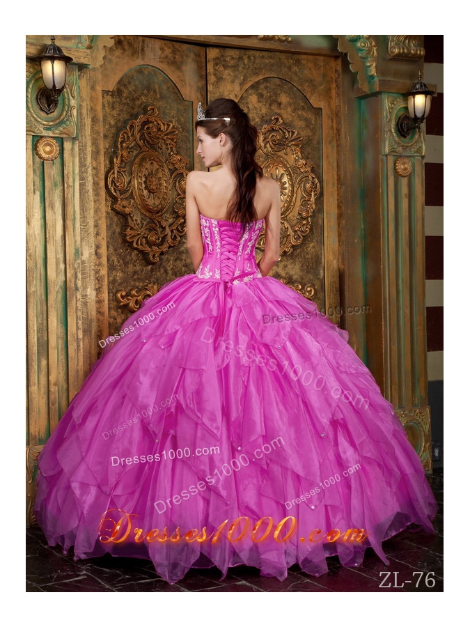 Gorgeous Ball Gown Strapless Floor-length Appliques Organza Hot Pink Quinceanera Dress