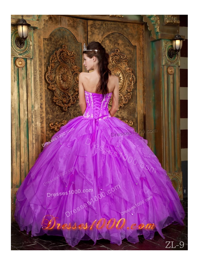 Gorgeous Strapless Appliques Organza Purple Quinceanera Dress