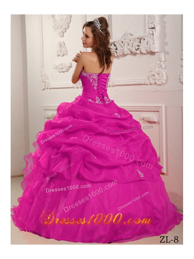 Hot Pink Ball Gown Strapless Floor-length Organza Beading And Ruffles Quinceanera Dress