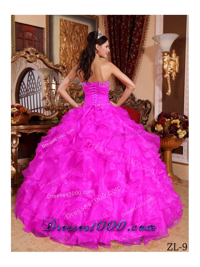 Hot Pink Ball Gown Sweetheart Floor-length Organza Beading Quinceanera Dress