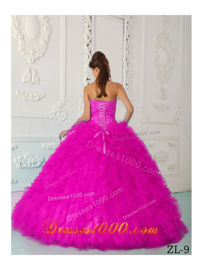 Hot Pink Ball Gown Sweetheart Floor-length Satin and Organza Beading Quinceanera Dress