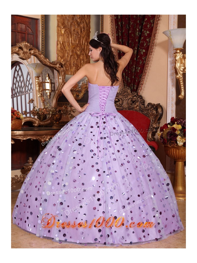 Lilac Puffy Sweetheart Tulle Quinceanera Gowns with Sequins