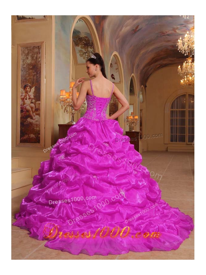 Spaghetti Straps Organza Quince Dresses with Appliques and Pick-ups