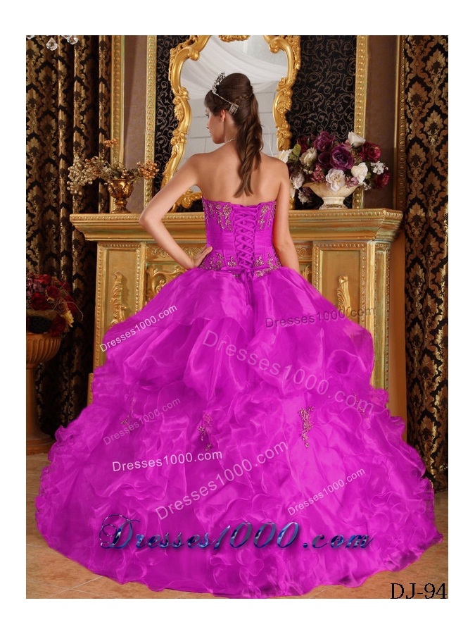 Strapless Appliques and Pick-ups Organza Quinceanera Dress in Fuchsia
