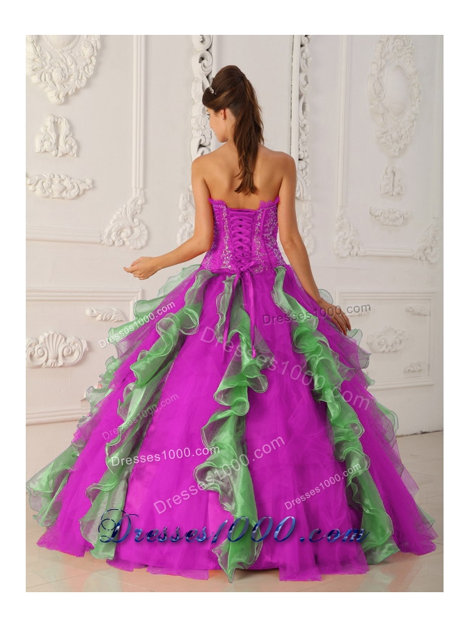 Strapless Fuchsia and Green Quinceanera Gowns with Appliques and Beading