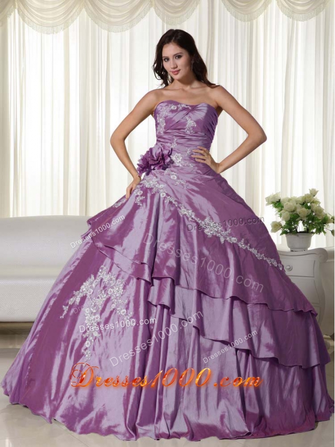 Strapless Taffeta Quinceanera Dress with Appliques and Hand Made Flowers