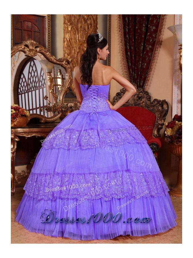 Ball Gown Strapless Organza Puffy Quinceanera Gowns with Lace Appliques