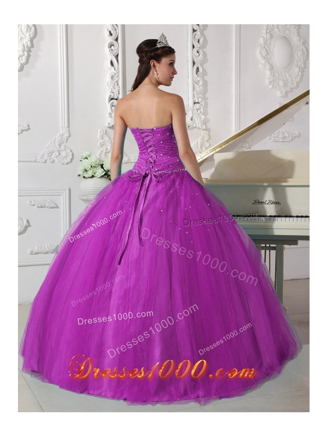 Elegant Fuchsia Strapless Tulle Beading and Ruching Sweet 15 Dresses