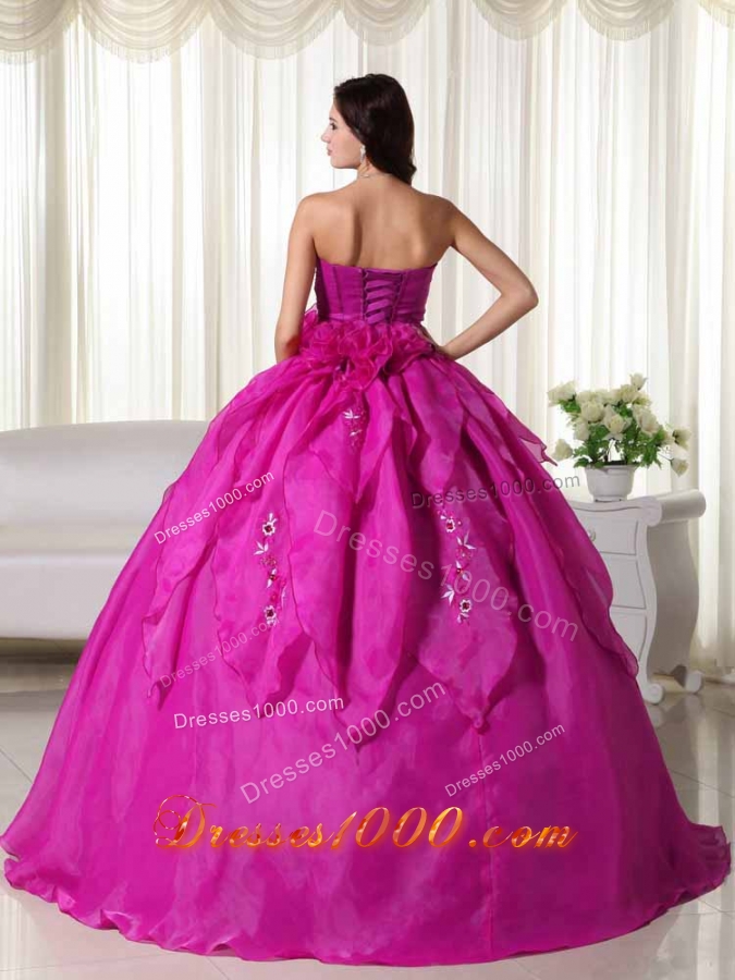 Fuchsia Strapless Organza Appliques and Hand Made Flowers Quinceanera Dress