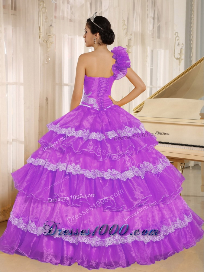 Hand Made Flowers Decorate One Shoulder Quinceanera Dress with Appliques