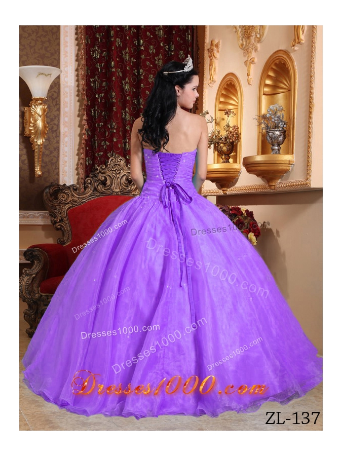 Lilac Ball Gown Strapless Organza Quinceanera Gowns with Appliques