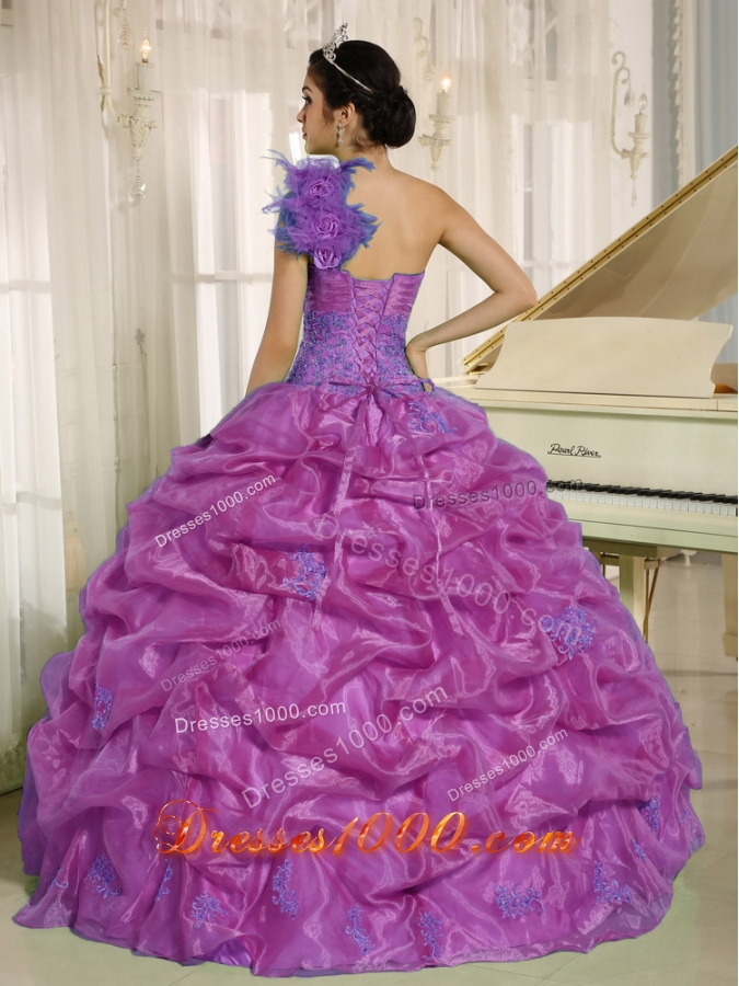 One Shoulder Quinceaners Dress with Appliques and Hand Made Flowres