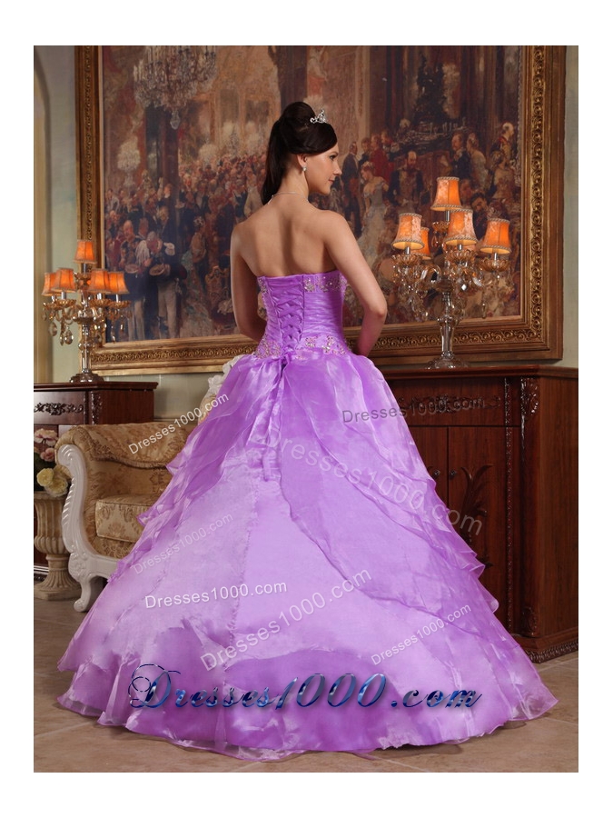 Princess Strapless Organza Lilac Quinceanera Gowns with Flowers and Appliques